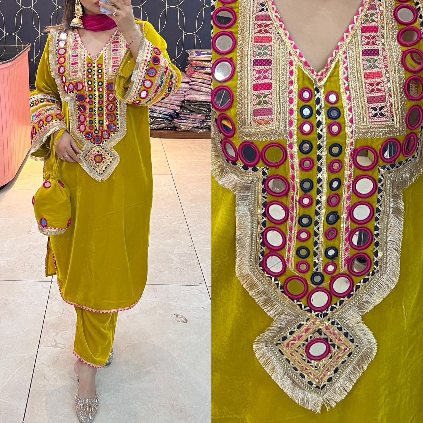 Article 1949 – Premium Velvet Choga Set with Real Mirror Work & Matching Potli | Sizes 38–46