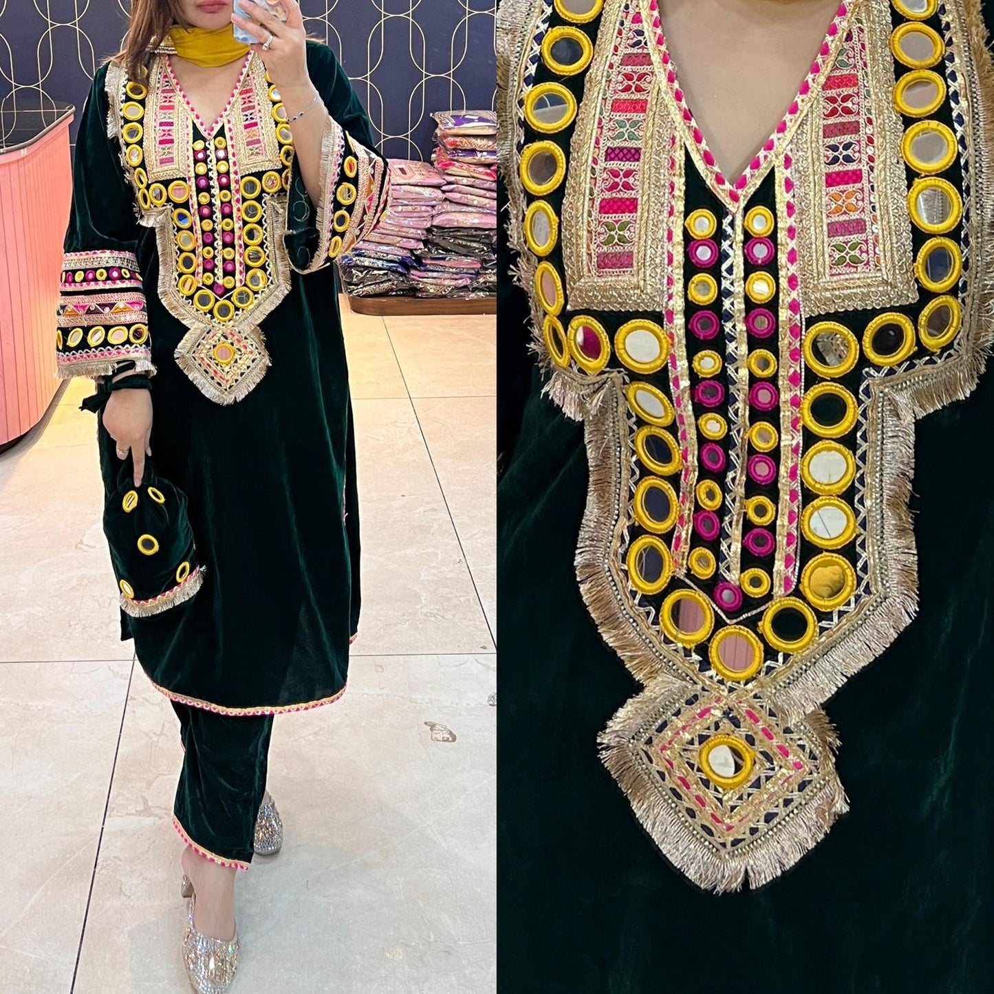 Article 1949 – Premium Velvet Choga Set with Real Mirror Work & Matching Potli | Sizes 38–46