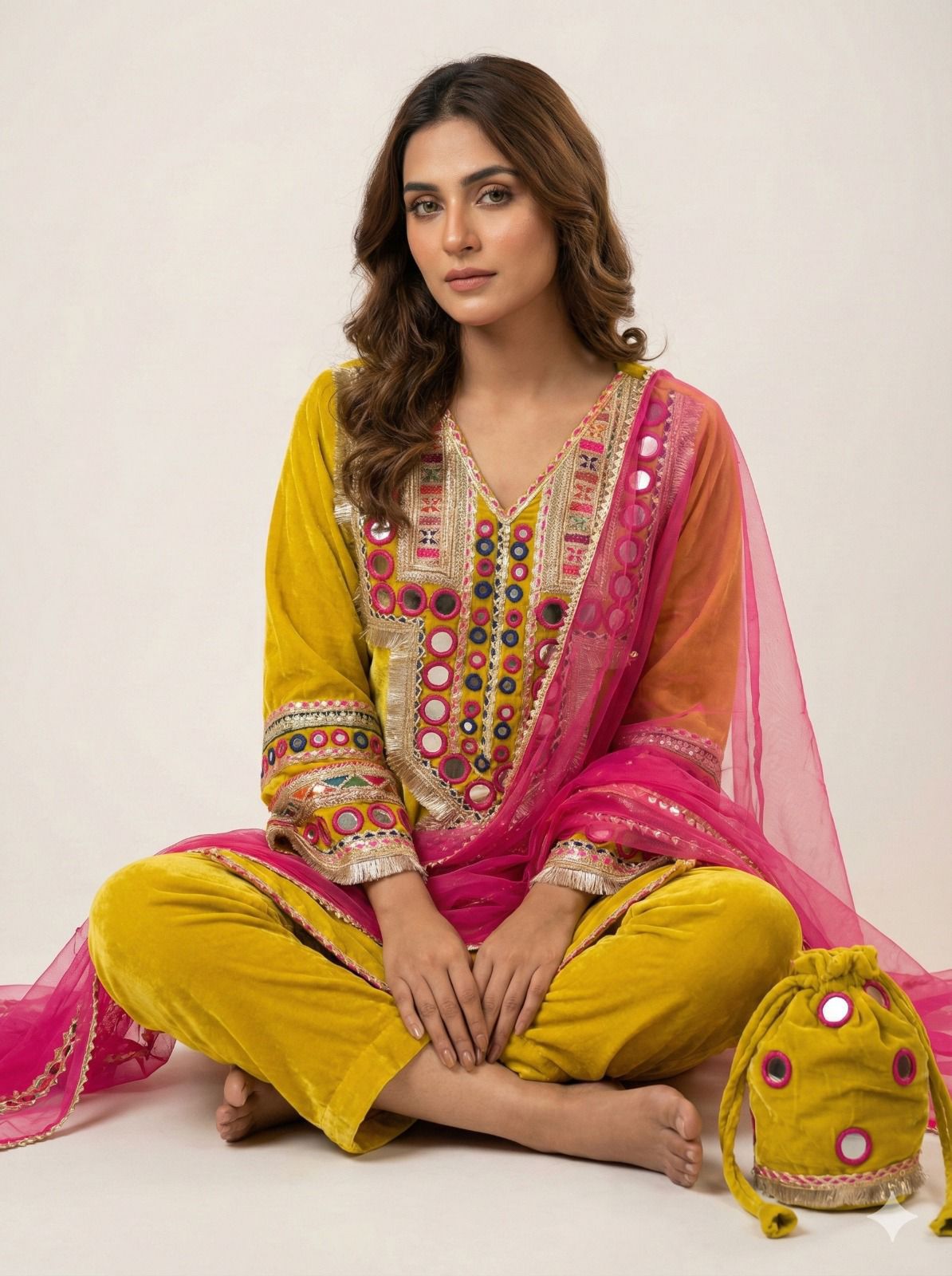 Article 1949 – Premium Velvet Choga Set with Real Mirror Work & Matching Potli | Sizes 38–46