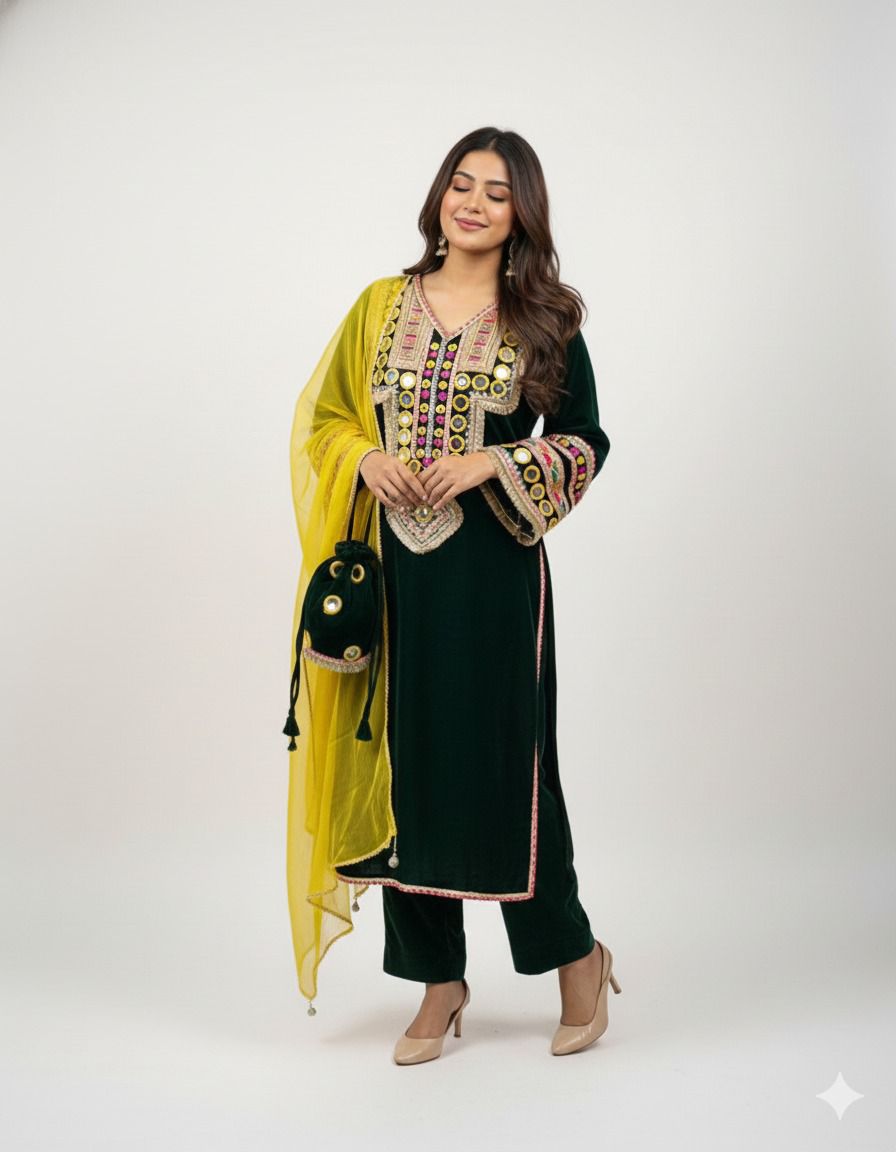 Article 1949 – Premium Velvet Choga Set with Real Mirror Work & Matching Potli | Sizes 38–46