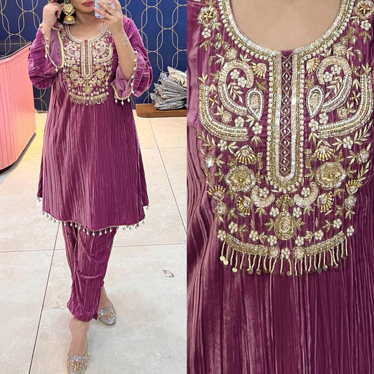 Article 1948 – Premium Crushed Velvet Cord-Set with Elegant Handwork | Sizes 38–46