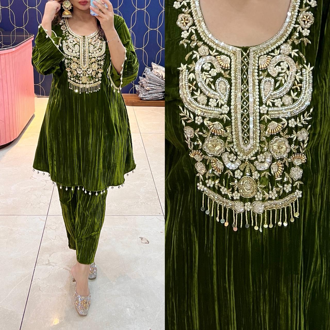 Article 1948 – Premium Crushed Velvet Cord-Set with Elegant Handwork | Sizes 38–46