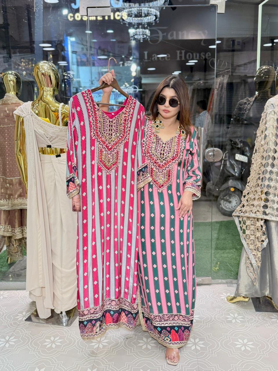 Printed Long Dress with original mirror work