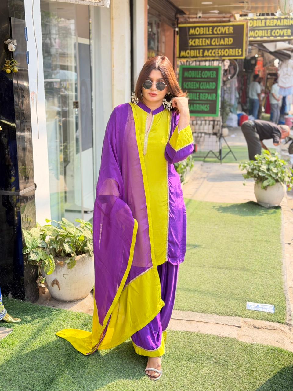 Natural crepe panel farshi salwar co-ord set with dupatta