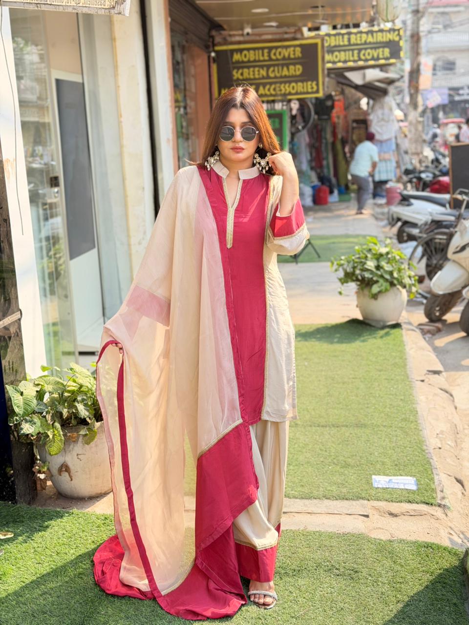 Natural crepe panel farshi salwar co-ord set with dupatta