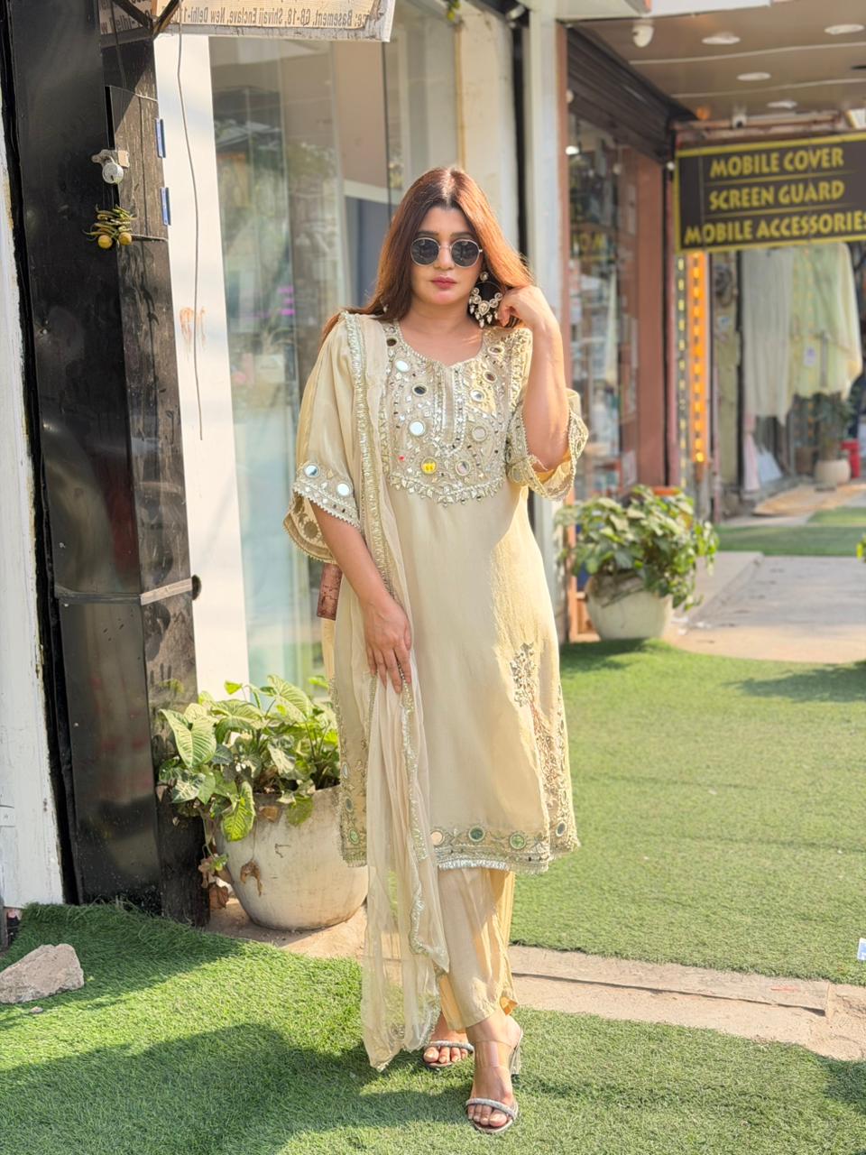 Article 1880 – Pure Glass Tissue Choga Set with Gota Patti & Mirror Work | Premium Festive Wear | Sizes 40–46