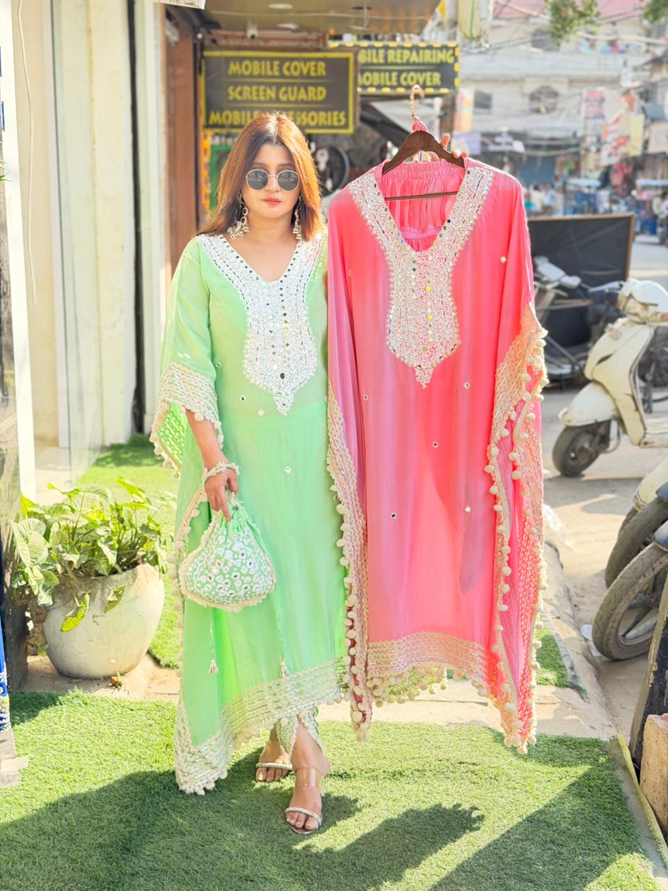 Article 1740 – Pure Natural Crepe Fabric Dhoti Kaftan with Mirror Work & Tassel Detailing | Sizes 40–46