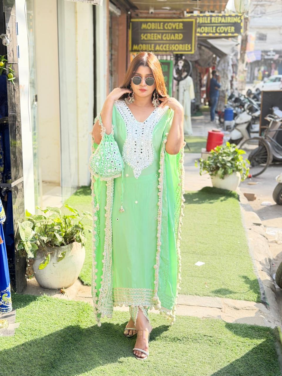 Article 1740 – Pure Natural Crepe Fabric Dhoti Kaftan with Mirror Work & Tassel Detailing | Sizes 40–46