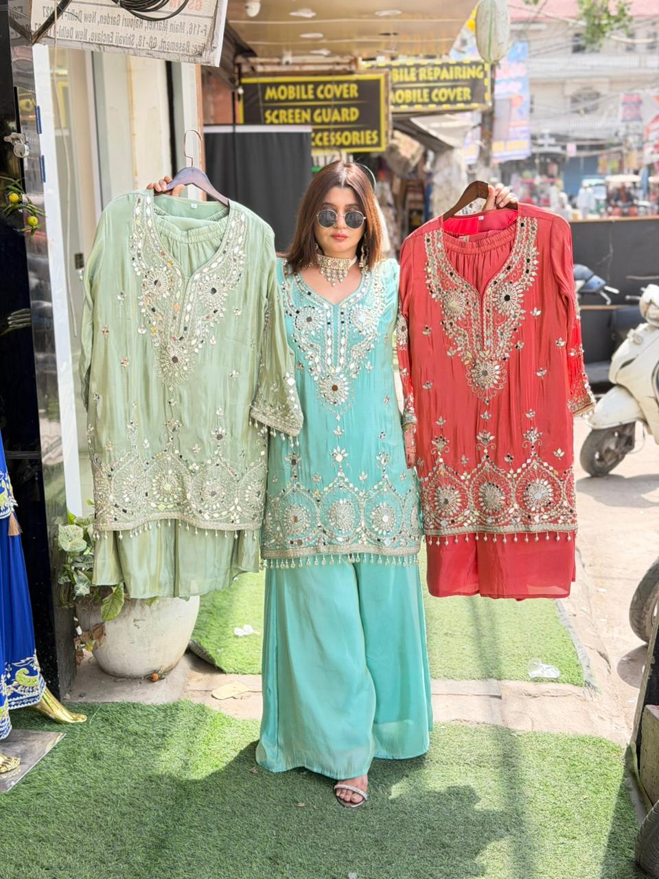 Article 1931 – Heavy Real Mirror Work Suit with Sharara & Dupatta | Premium Festive Wear | Sizes 40–46