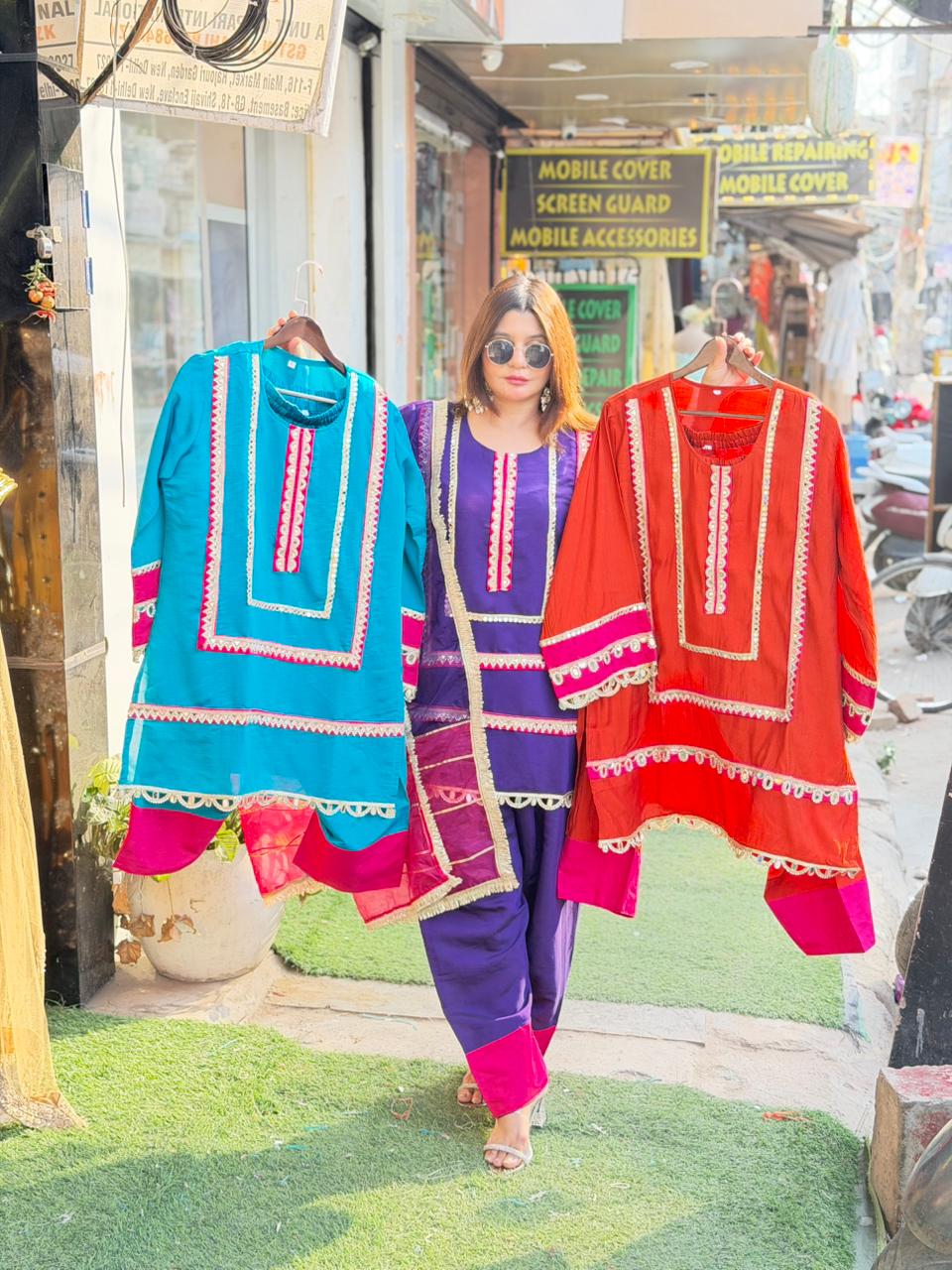 Article 1758 – Pure Cotton Silk Farshi Salwar Suit with Organza Dupatta & Mirror Work | Sizes 40–46