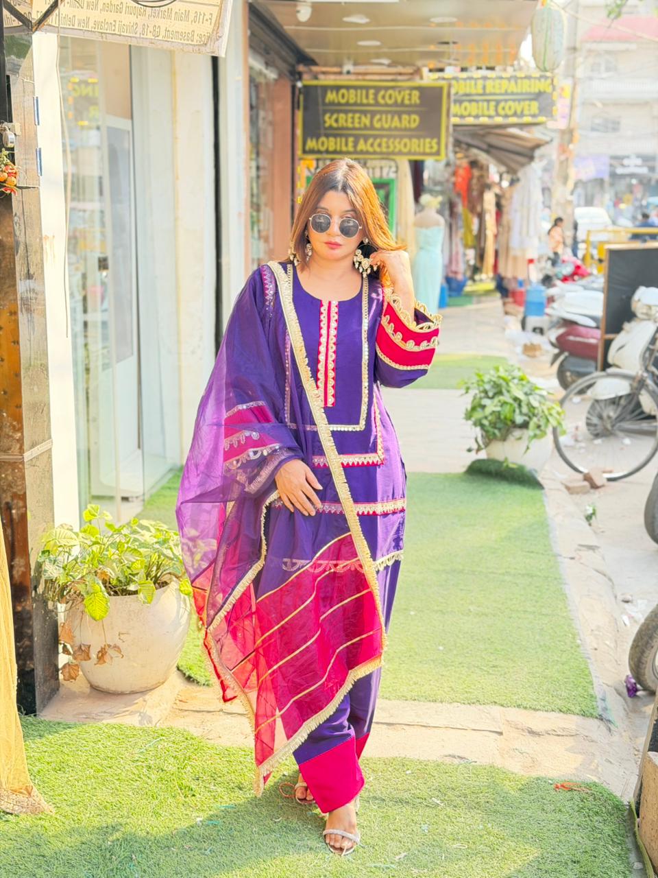 Article 1758 – Pure Cotton Silk Farshi Salwar Suit with Organza Dupatta & Mirror Work | Sizes 40–46