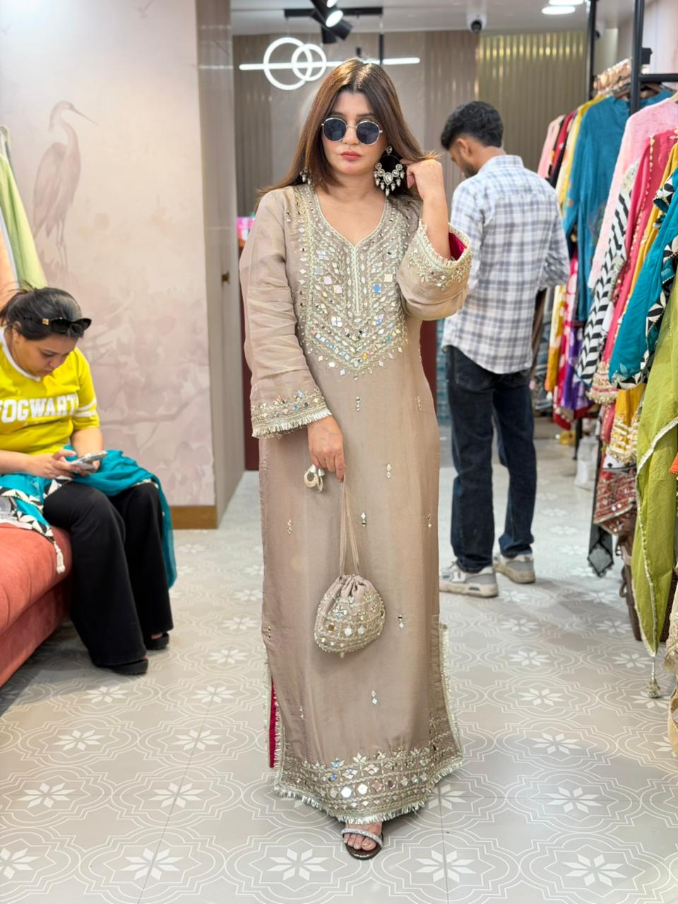 Article 1947 | Pure Tissue Shimmer Long Dress with Real Mirror Work