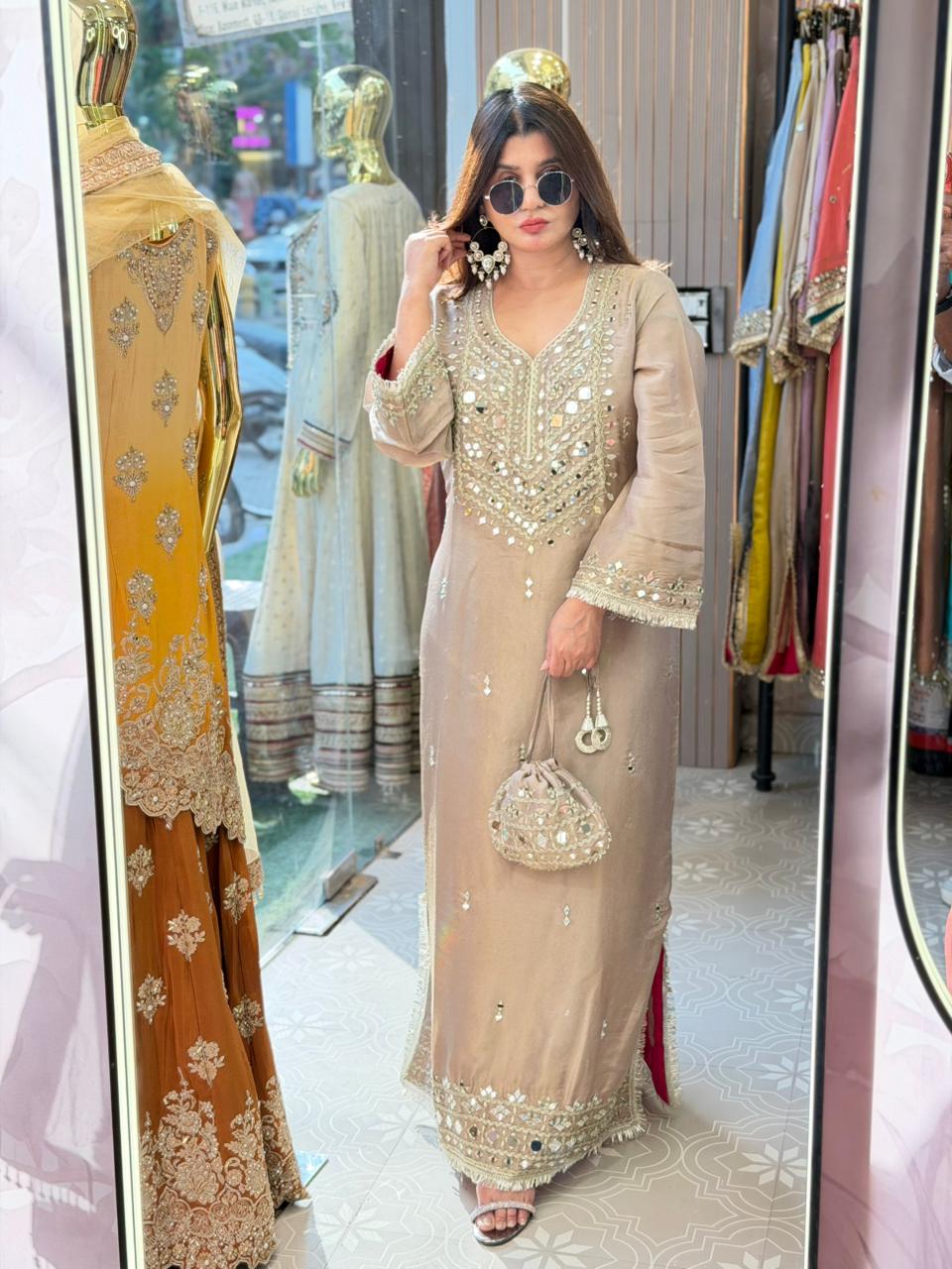 Article 1947 | Pure Tissue Shimmer Long Dress with Real Mirror Work