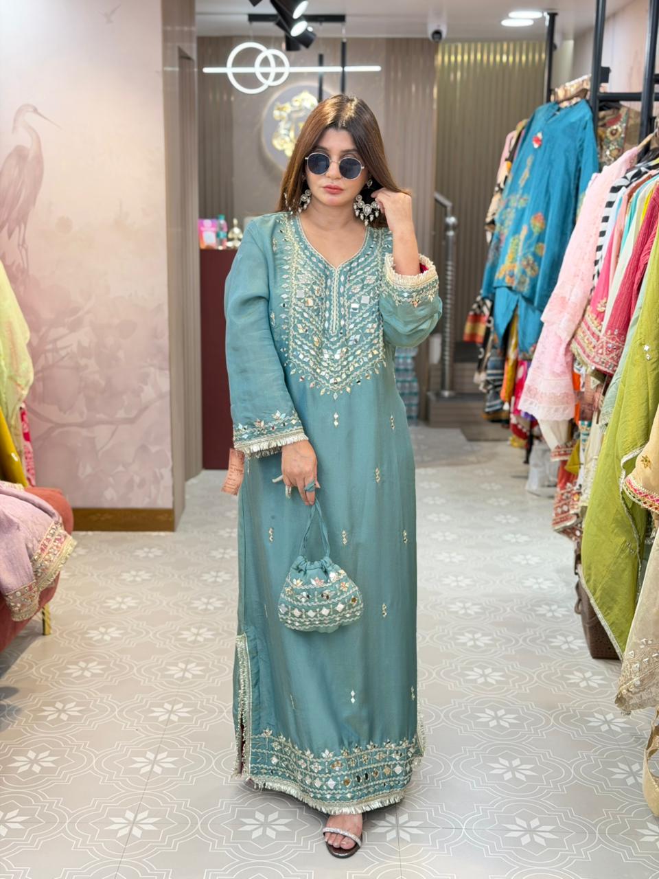 Article 1947 | Pure Tissue Shimmer Long Dress with Real Mirror Work