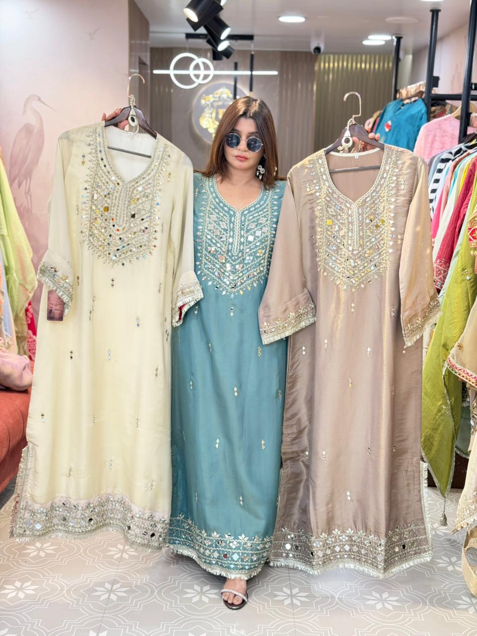 Article 1947 | Pure Tissue Shimmer Long Dress with Real Mirror Work