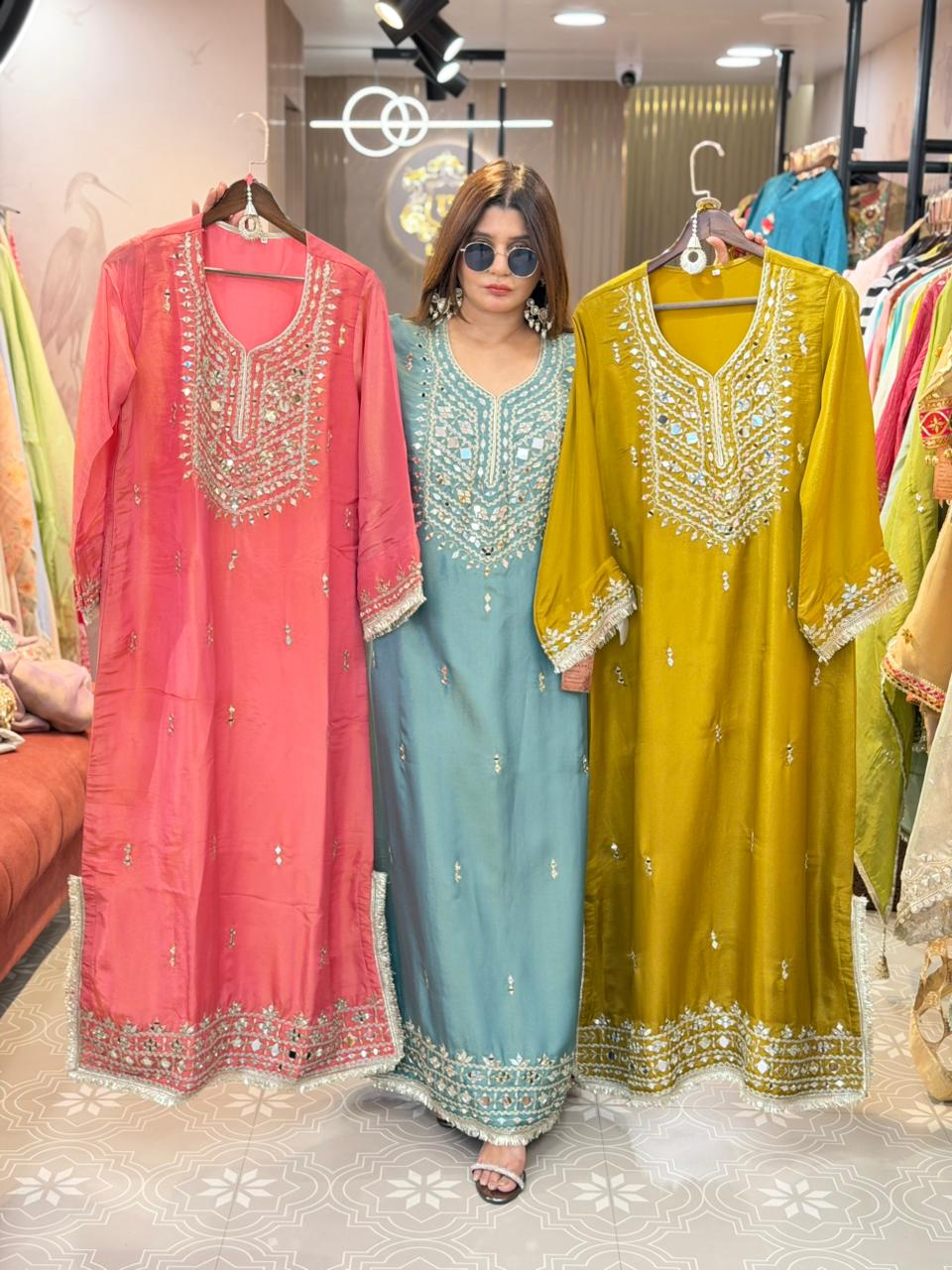 Article 1947 | Pure Tissue Shimmer Long Dress with Real Mirror Work