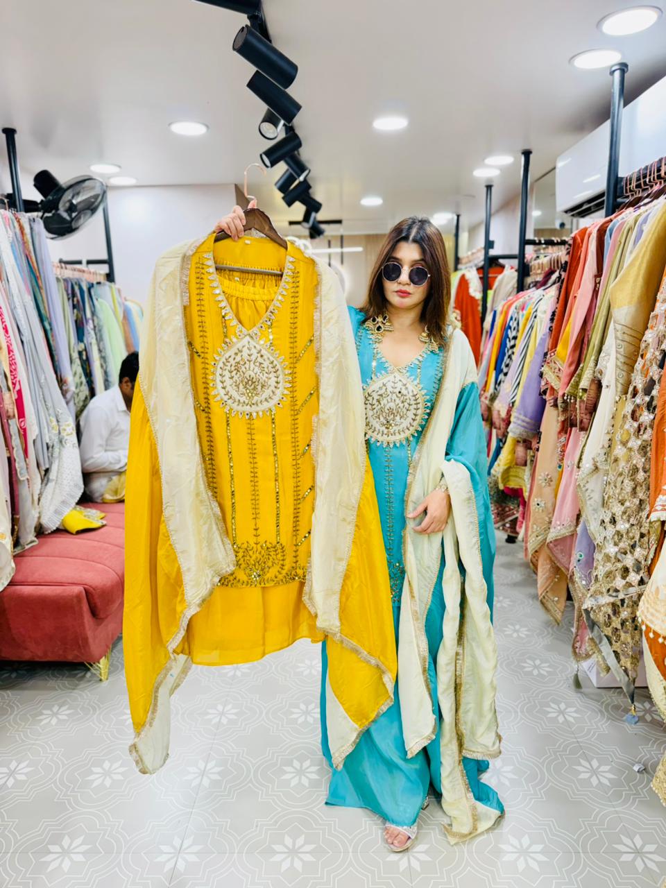 Article 1875 – Tissue Shimmer Palazzo Suit with Real Mirror & Cutdana Handwork