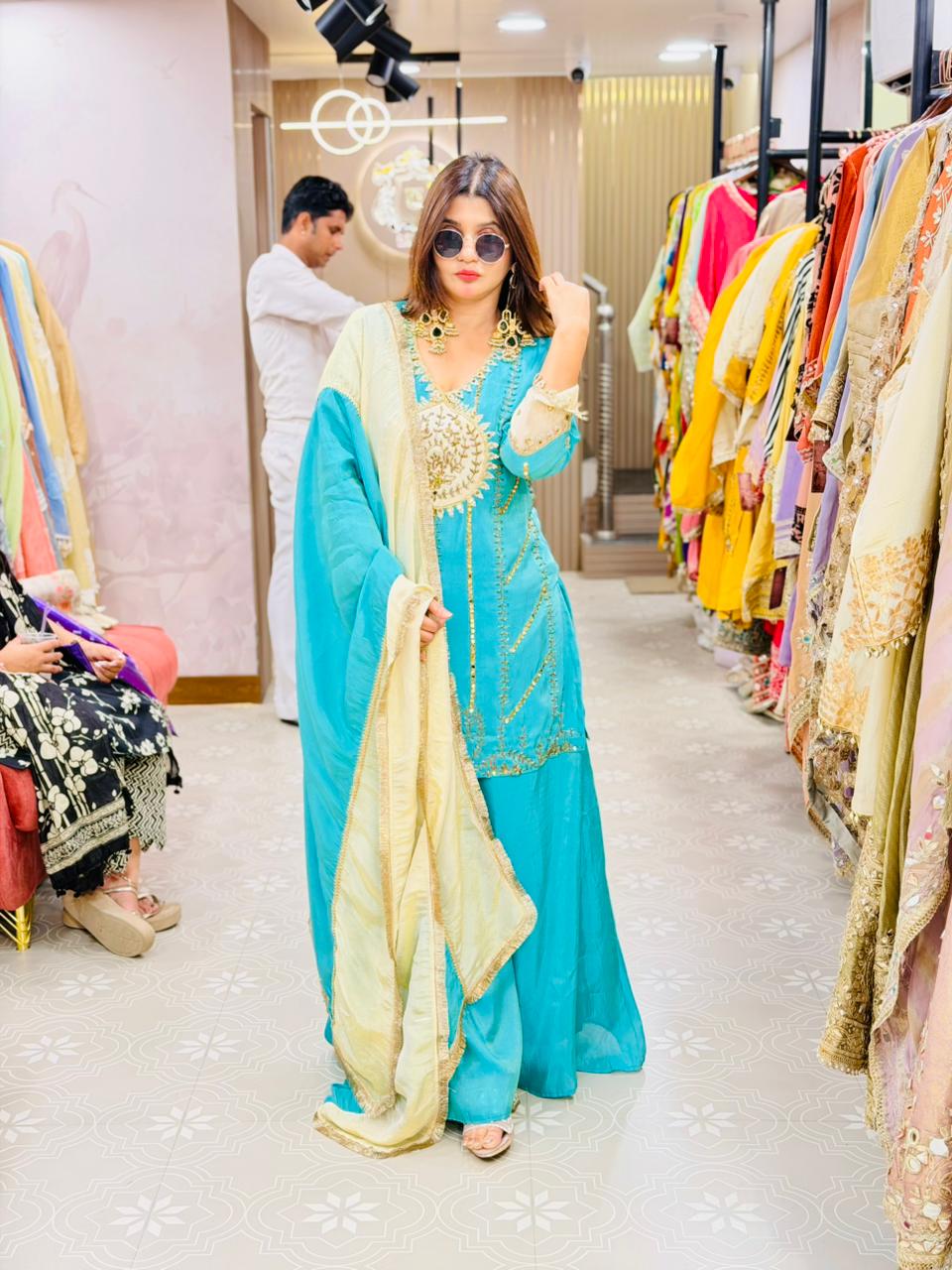 Article 1875 – Tissue Shimmer Palazzo Suit with Real Mirror & Cutdana Handwork