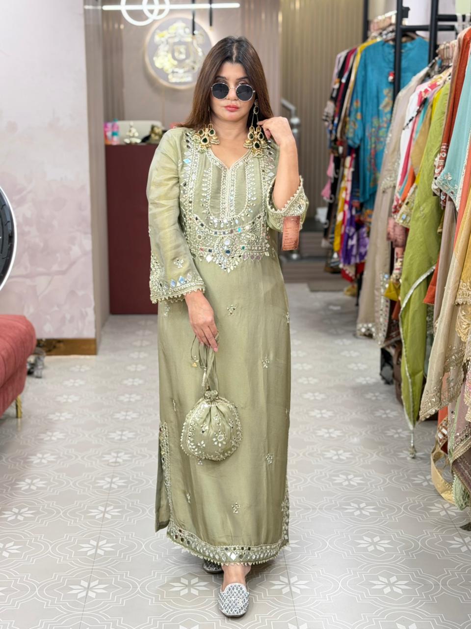 Long side slit dress with mirror work  2105
