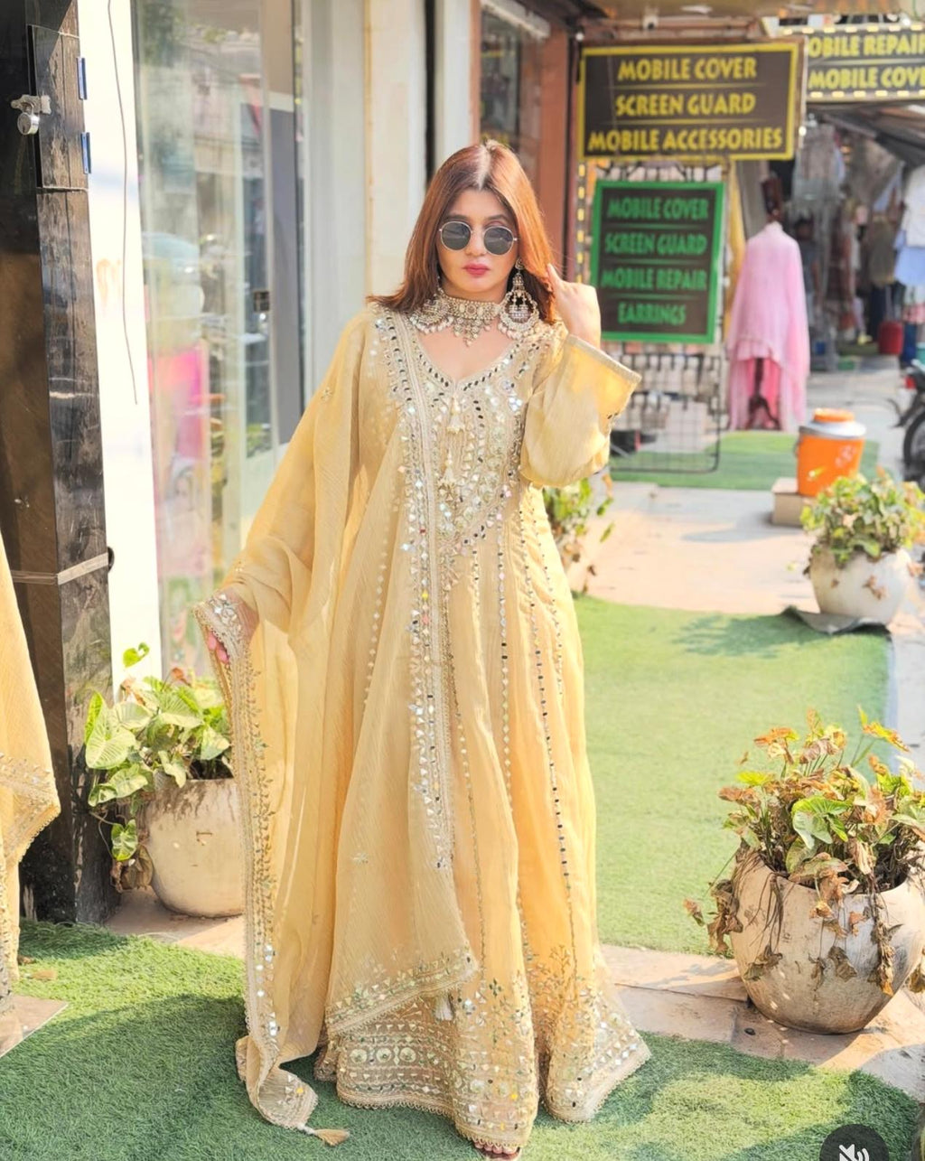 Long Crush Tissue Anarkali with gotta patti and mirror work