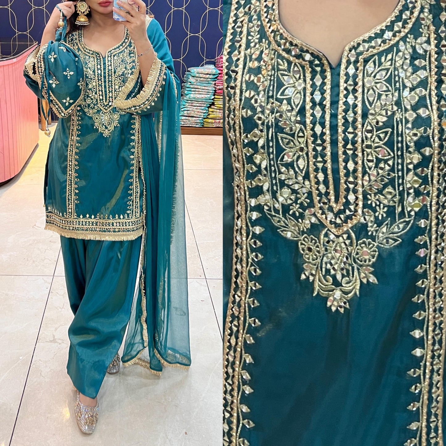 Article 1915 – Pure Glass Tissue Fabric Farshi Salwar Suit with Chiffon Dupatta & Mirror Work | Sizes 40–46