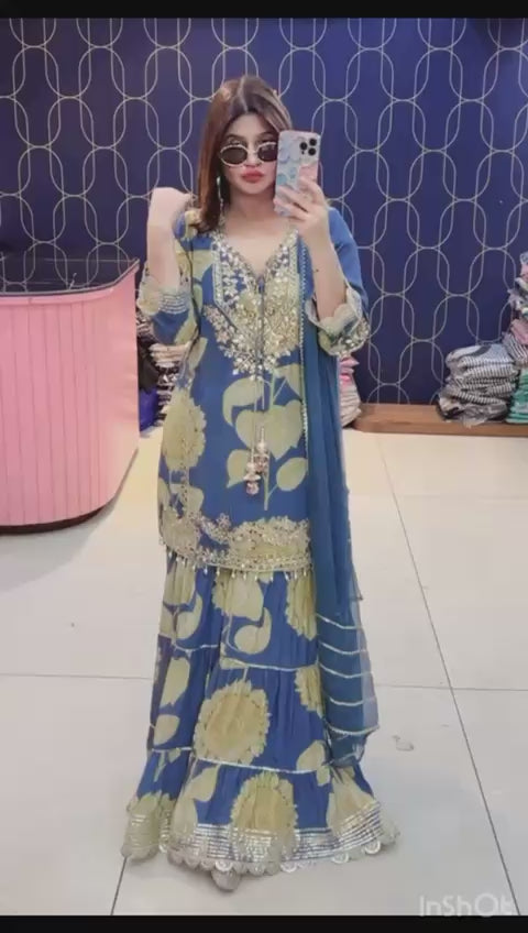 Article 1945 – Printed Crepe Sharara Set for Women | Elegant Party & Festive Wear | Sizes 40–46