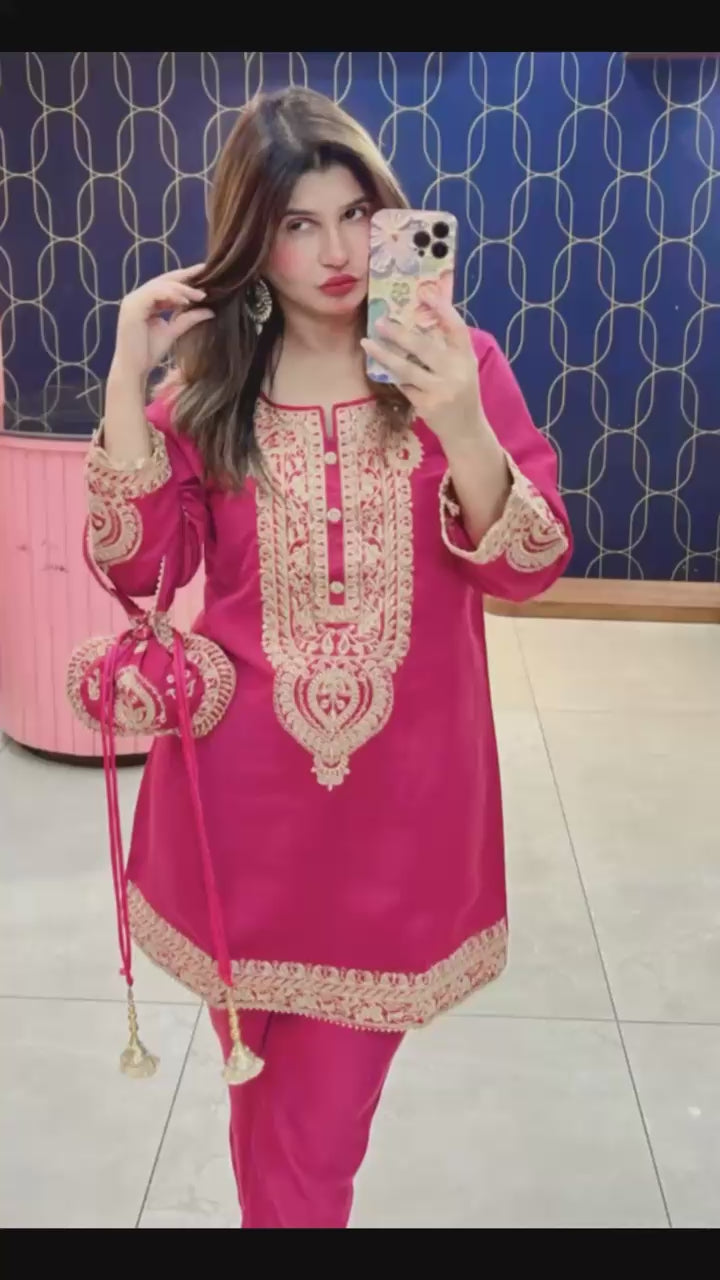 Article 1437 – Rutba Khan Potli Cord Set | Imported Cotton Silk with Embroidery | Urban Closet