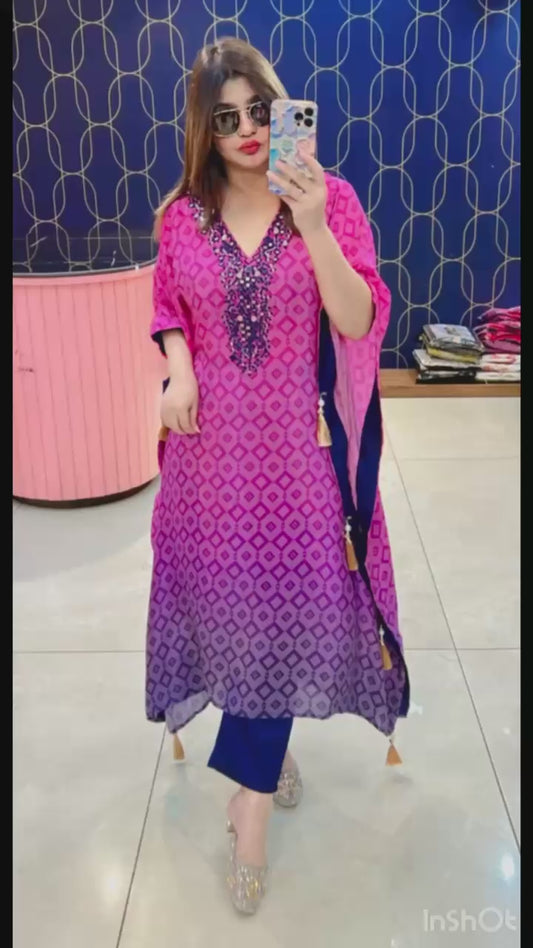 Article 1596 – Pure Crepe Bandhani Ombre Kaftan | Sizes L to 3XL