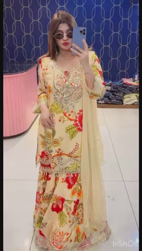 Article 1831 – Pure Crepe Fabric Sharara Suit with Dupatta & Gota Patti Work | Sizes 40–46