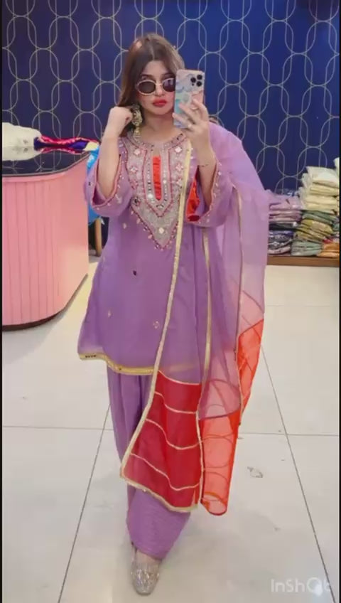 Article 1911 – Pure Crepe Farshi Salwar Suit With Two-Tone Organza Dupatta & Mirror Work