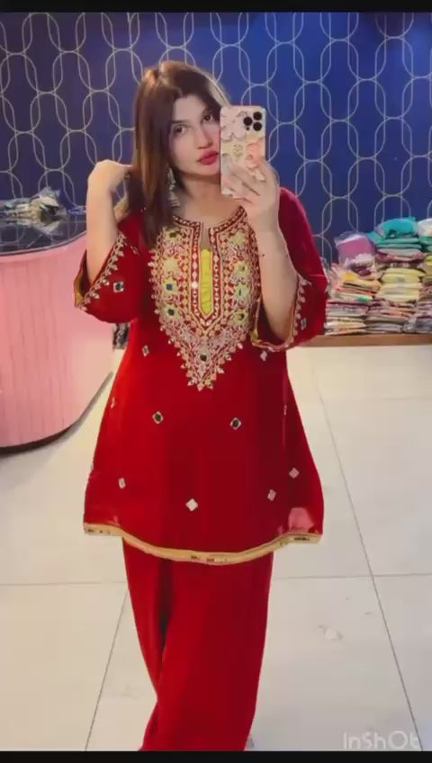 Article 1911 – Pure Crepe Farshi Salwar Suit With Two-Tone Organza Dupatta & Mirror Work