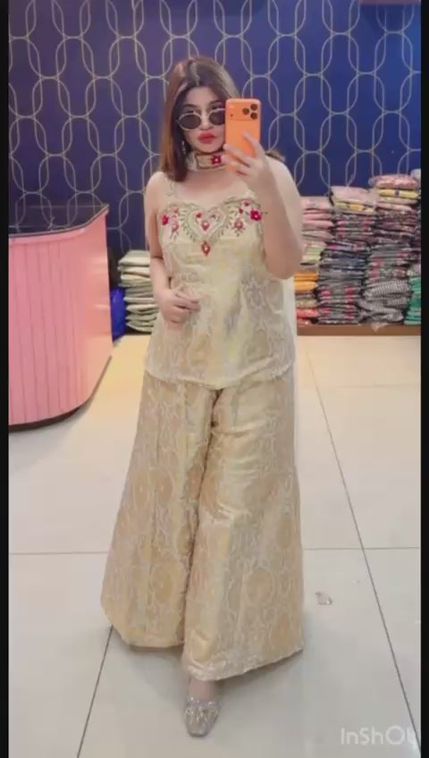 Article 1932 – Brocade Mirror Lace Cord Set with Bell Bottom Pants | Sleeveless Ethnic Wear | Sizes 40–46