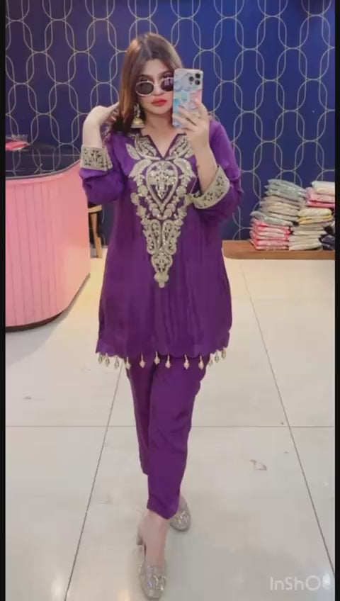 Article 1704 – Pure Crepe Embroidered Co-ord Set with Tassels | Sizes 40–46