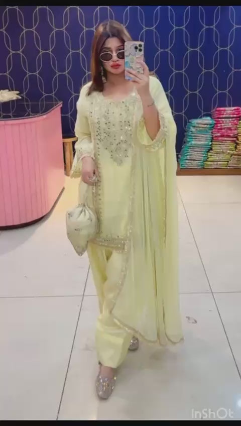 Article 1915 – Pure Glass Tissue Fabric Farshi Salwar Suit with Chiffon Dupatta & Mirror Work | Sizes 40–46