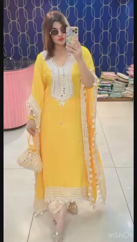 Article 1740 – Pure Natural Crepe Fabric Dhoti Kaftan with Mirror Work & Tassel Detailing | Sizes 40–46