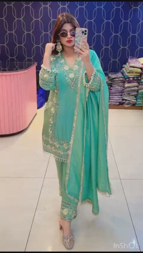 Article 1917 – Tissue Shimmer Suit with Real Mirror & Pearl Work and Dupatta | Premium Festive Wear