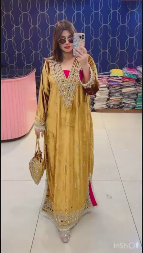 Article 1953 – Premium Velvet Long Dress with Real Mirror Work | One-Piece Ethnic Wear for Women | Sizes 40–46