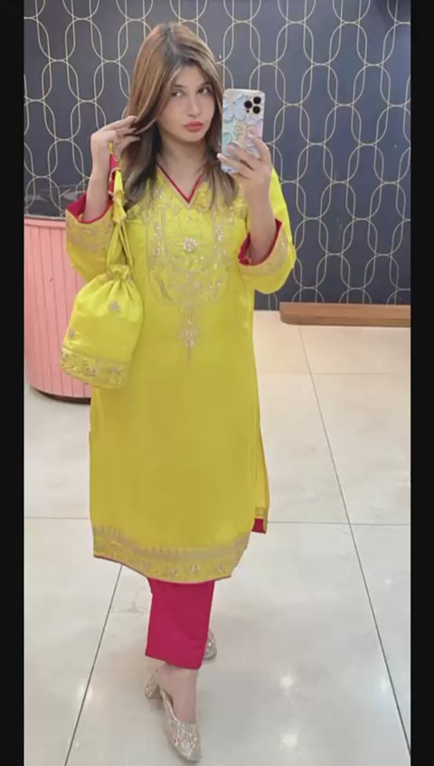 Article 1095 – Pakistani Cotton Silk Embroidered Co-ord Set With Potli