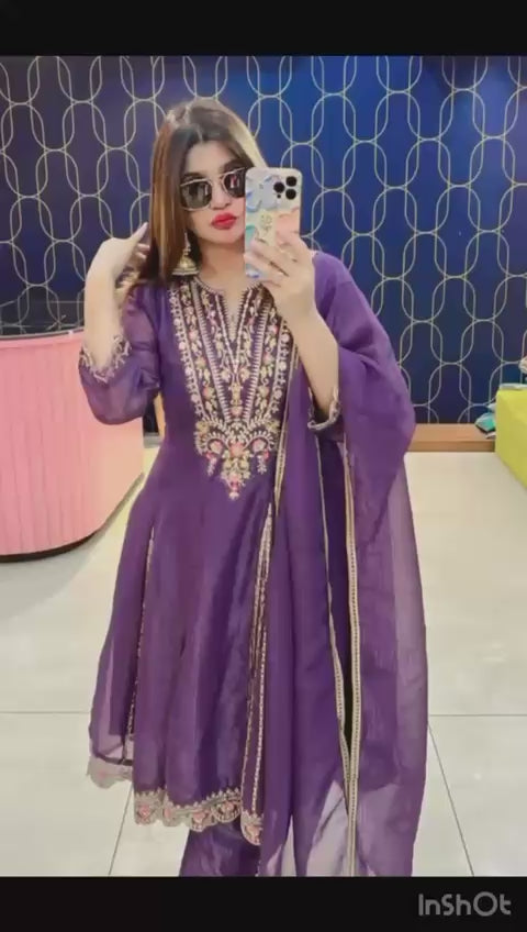 Article 1832 – Glass Tissue Fabric Anarkali Suit with Dupatta & Elegant Embroidery | Sizes 40–46