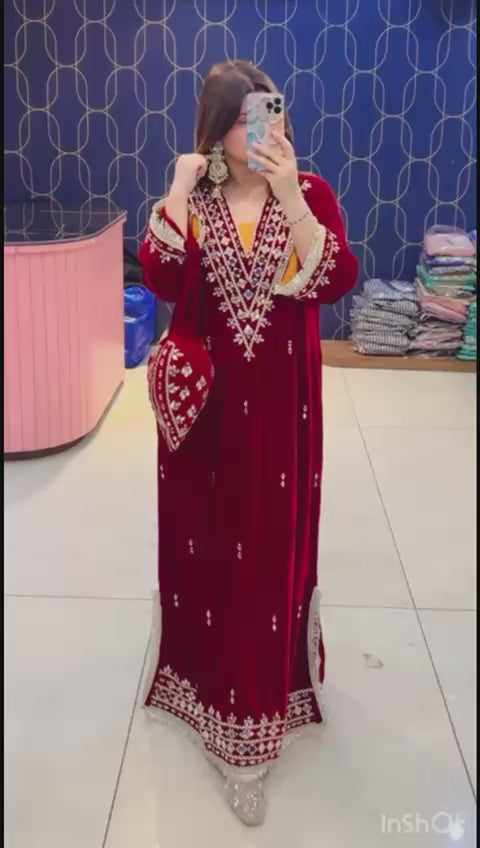 Article 1953 – Premium Velvet Long Dress with Real Mirror Work | One-Piece Ethnic Wear for Women | Sizes 40–46
