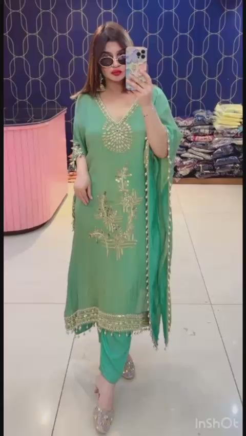 Article 1470 – Crush Tissue Kaftan With Real Mirror Embroidery & Straight Pant