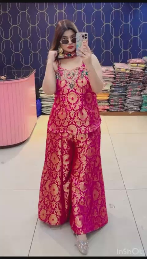 Article 1932 – Brocade Mirror Lace Cord Set with Bell Bottom Pants | Sleeveless Ethnic Wear | Sizes 40–46