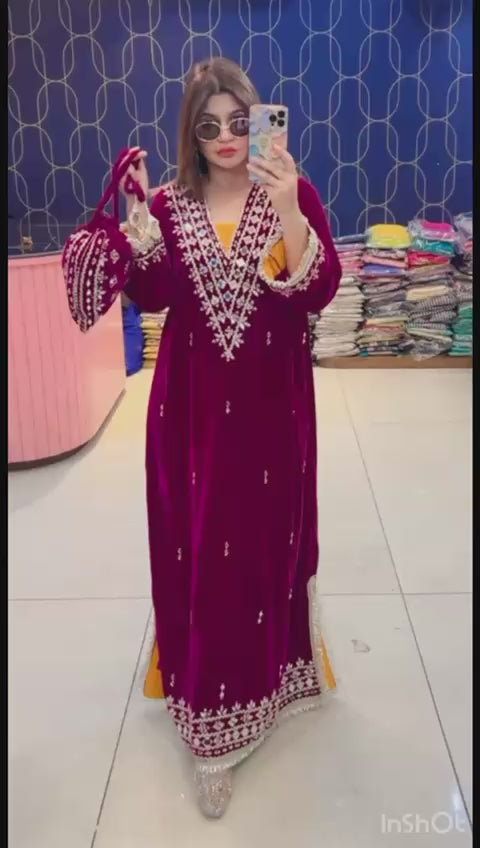 Article 1953 – Premium Velvet Long Dress with Real Mirror Work | One-Piece Ethnic Wear for Women | Sizes 40–46