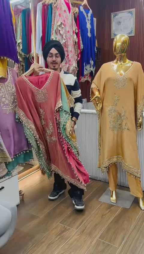 Article 1470 – Crush Tissue Kaftan With Real Mirror Embroidery & Straight Pant