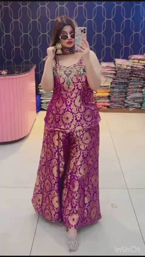 Article 1932 – Brocade Mirror Lace Cord Set with Bell Bottom Pants | Sleeveless Ethnic Wear | Sizes 40–46
