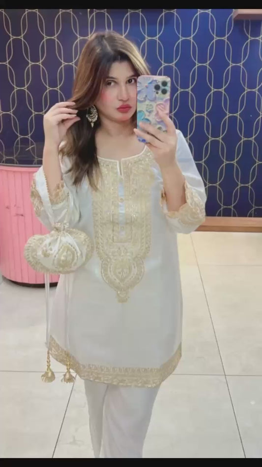 Article 1437 – Rutba Khan Potli Cord Set | Imported Cotton Silk with Embroidery | Urban Closet