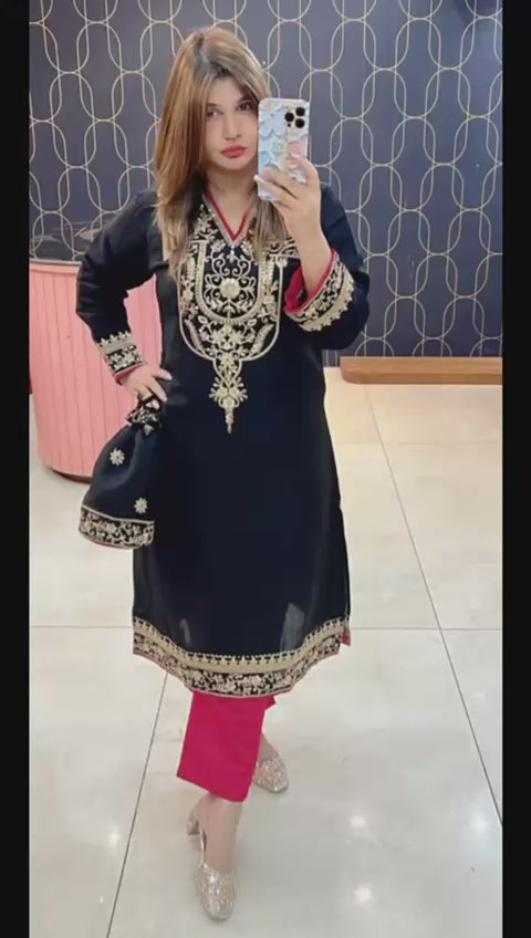 Article 1095 – Pakistani Cotton Silk Embroidered Co-ord Set With Potli
