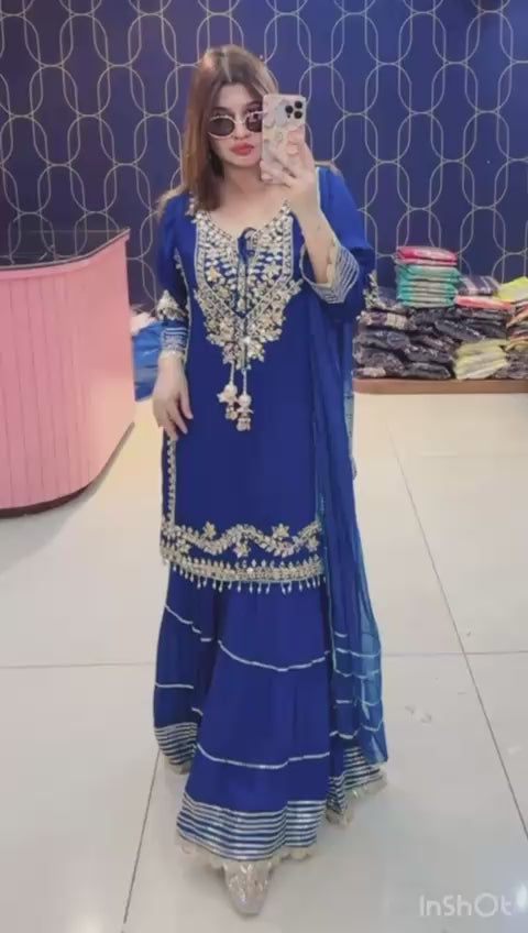 Article 1861 – Pure Chinon Sharara Suit with Mirror & Gota Patti Handwork | Premium Festive Wear