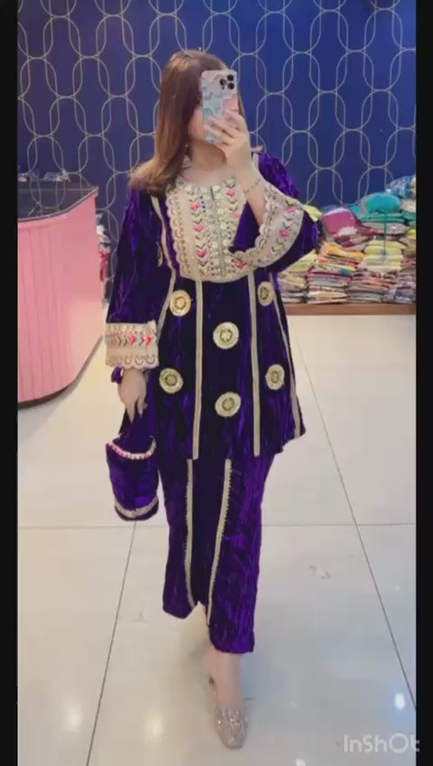 Article-1084 Pure Crushed Velvet Potli Cordset with Gota & Lace Work | Premium Velvet Suit Set | Sizes 40–46