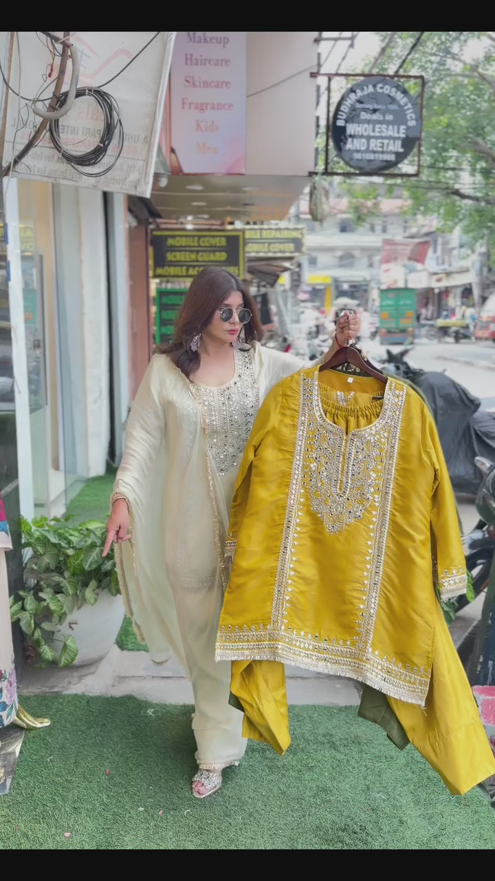Article 1915 – Pure Glass Tissue Fabric Farshi Salwar Suit with Chiffon Dupatta & Mirror Work | Sizes 40–46